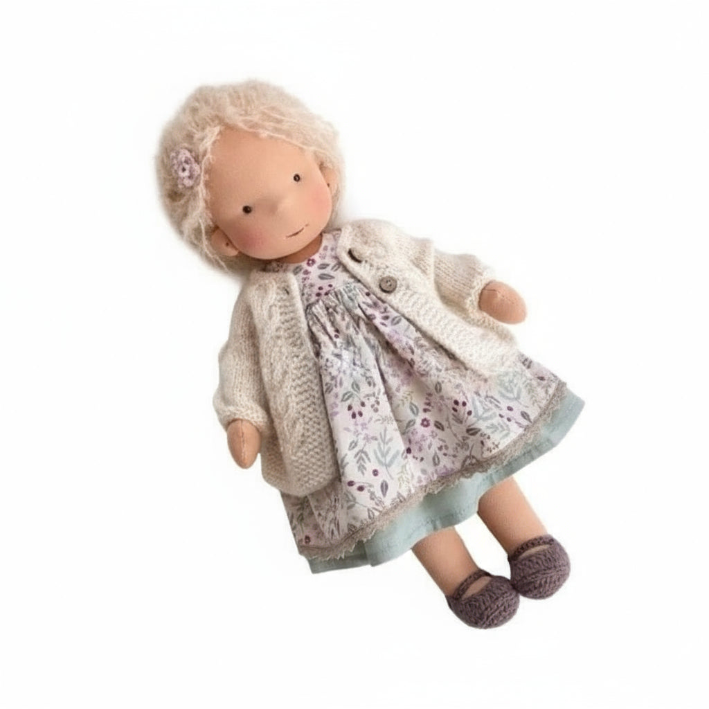 Doll wearing a floral dress and knitted cardigan on a white background