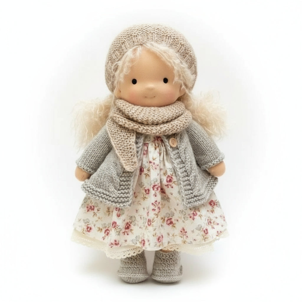 Toy doll wearing a floral dress, knitted coat, and hat on a white background