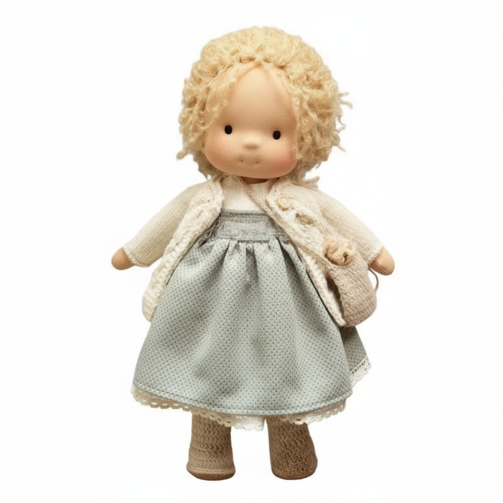 Doll with blonde hair, wearing a beige coat and patterned dress on a white background