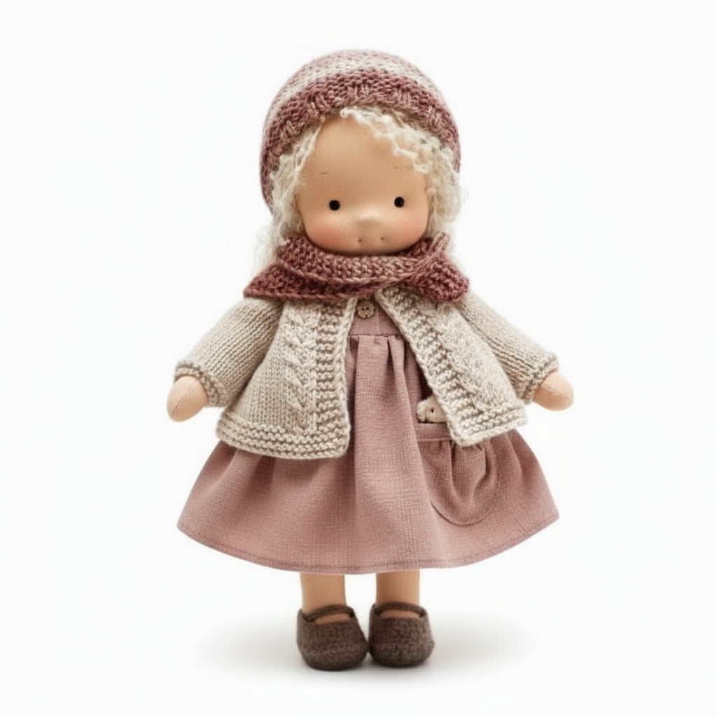 Toy doll wearing a knitted outfit with a pink skirt, beige cardigan, and brown shoes on a white background.
