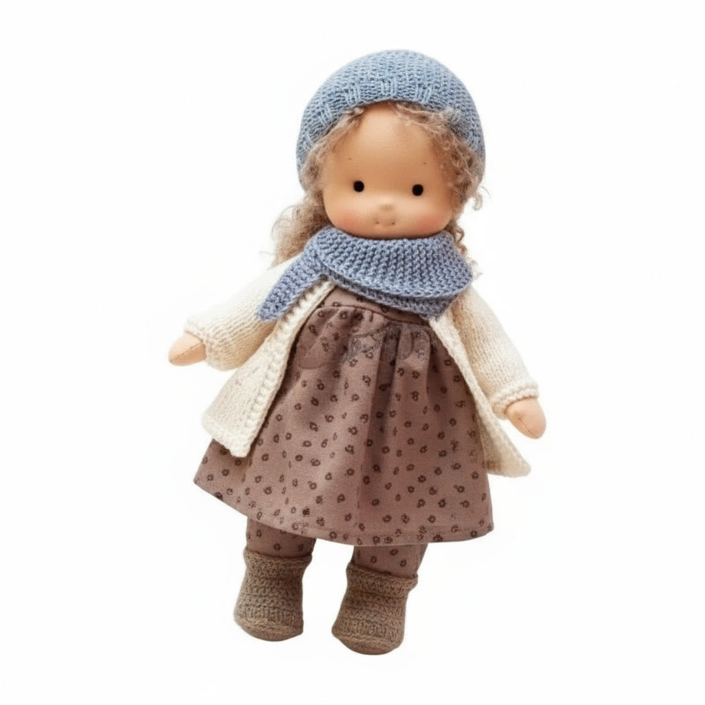 Doll wearing a blue knitted hat and scarf with a brown dress on a white background