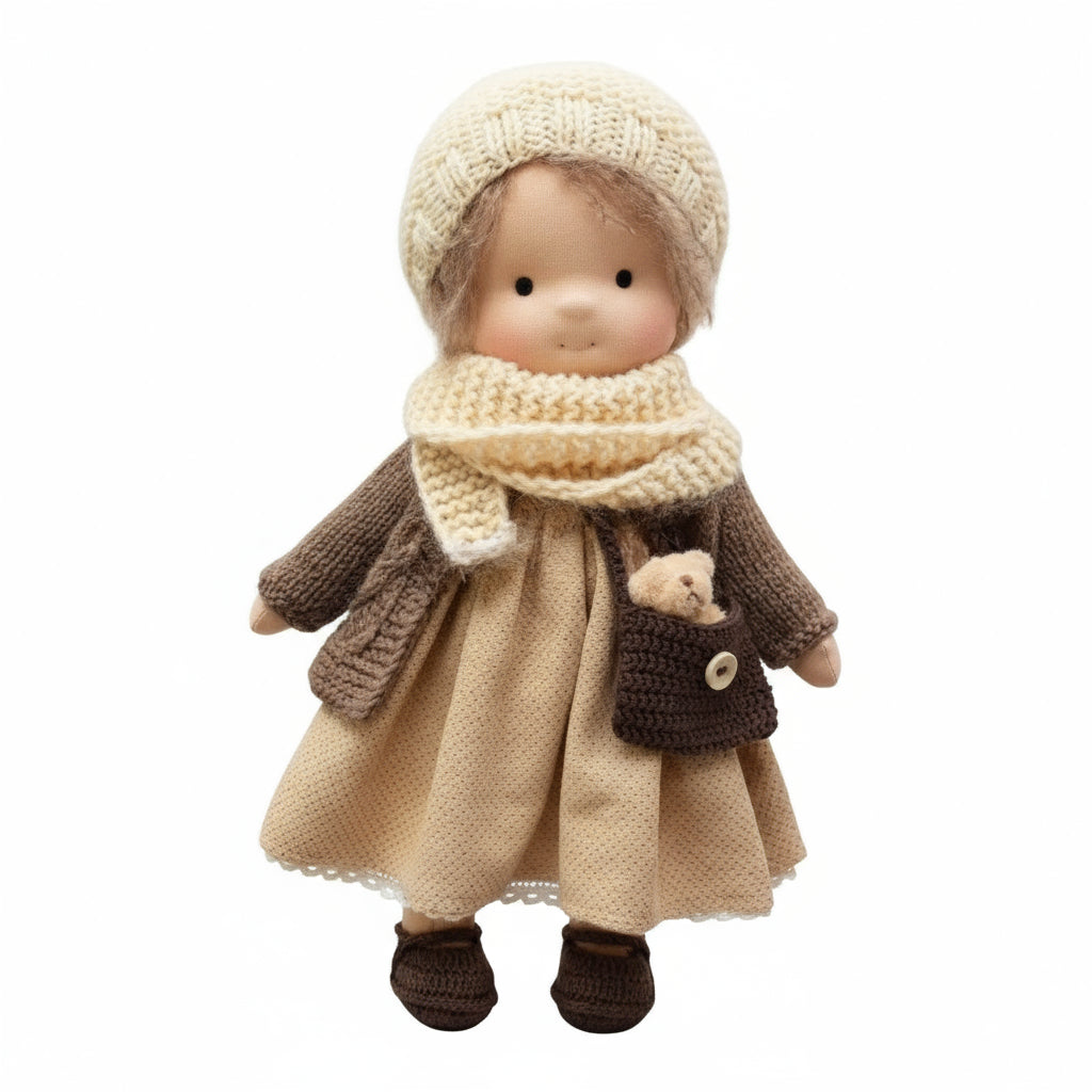 Toy doll wearing a beige outfit with a coat, hat, and scarf on a white background