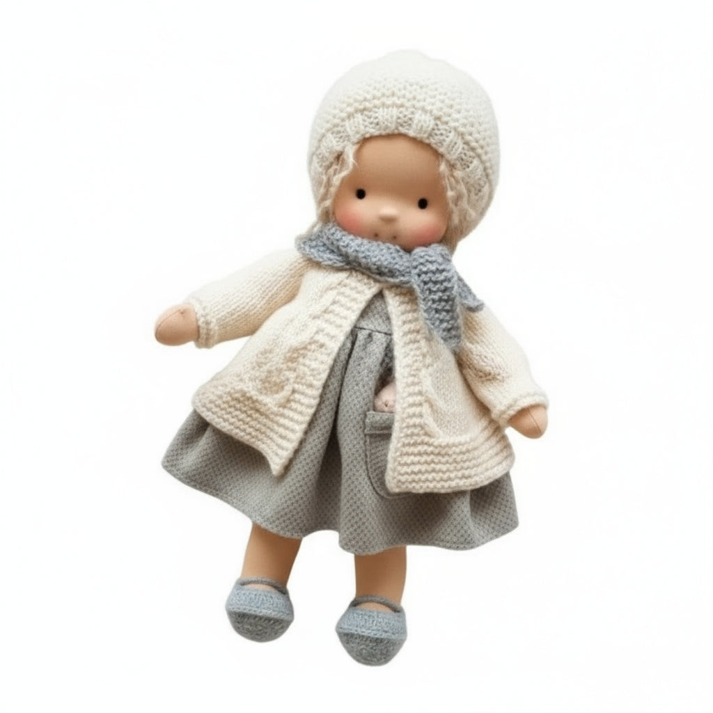 Doll wearing a knitted outfit with a coat, hat, and scarf on a white background