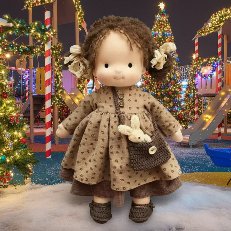 Doll in a festive setting with Christmas trees and decorations