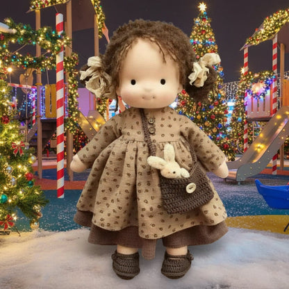 Doll in a festive setting with Christmas trees and decorations