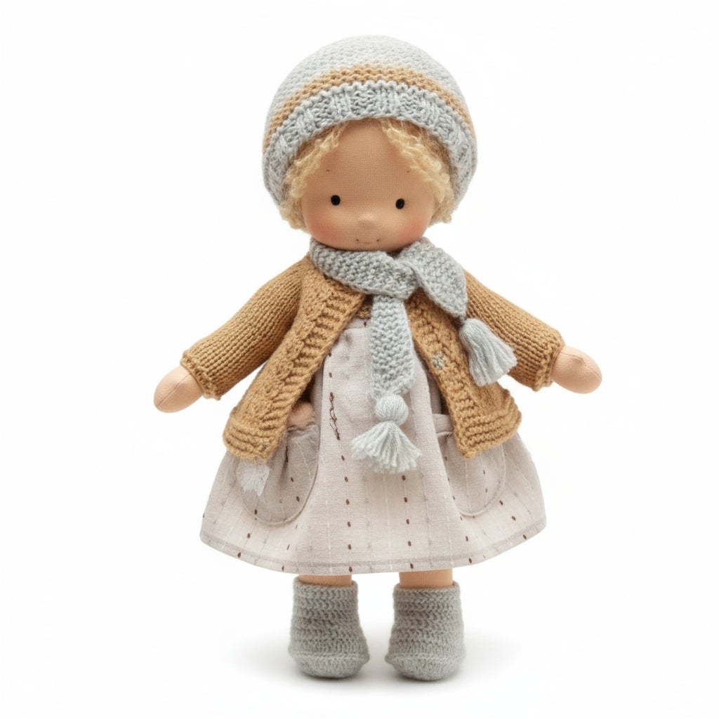 Doll wearing a beige coat, white dress, and gray hat and scarf on a white background