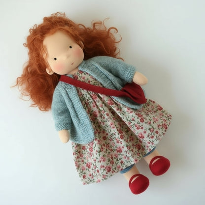 Doll with red hair wearing a floral dress and knitted blue sweater on a white background