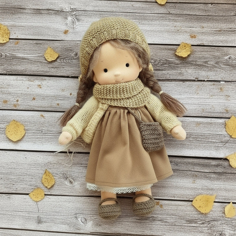  Doll in autumn-themed outfit with knitted hat and scarf on wooden surface with leaves