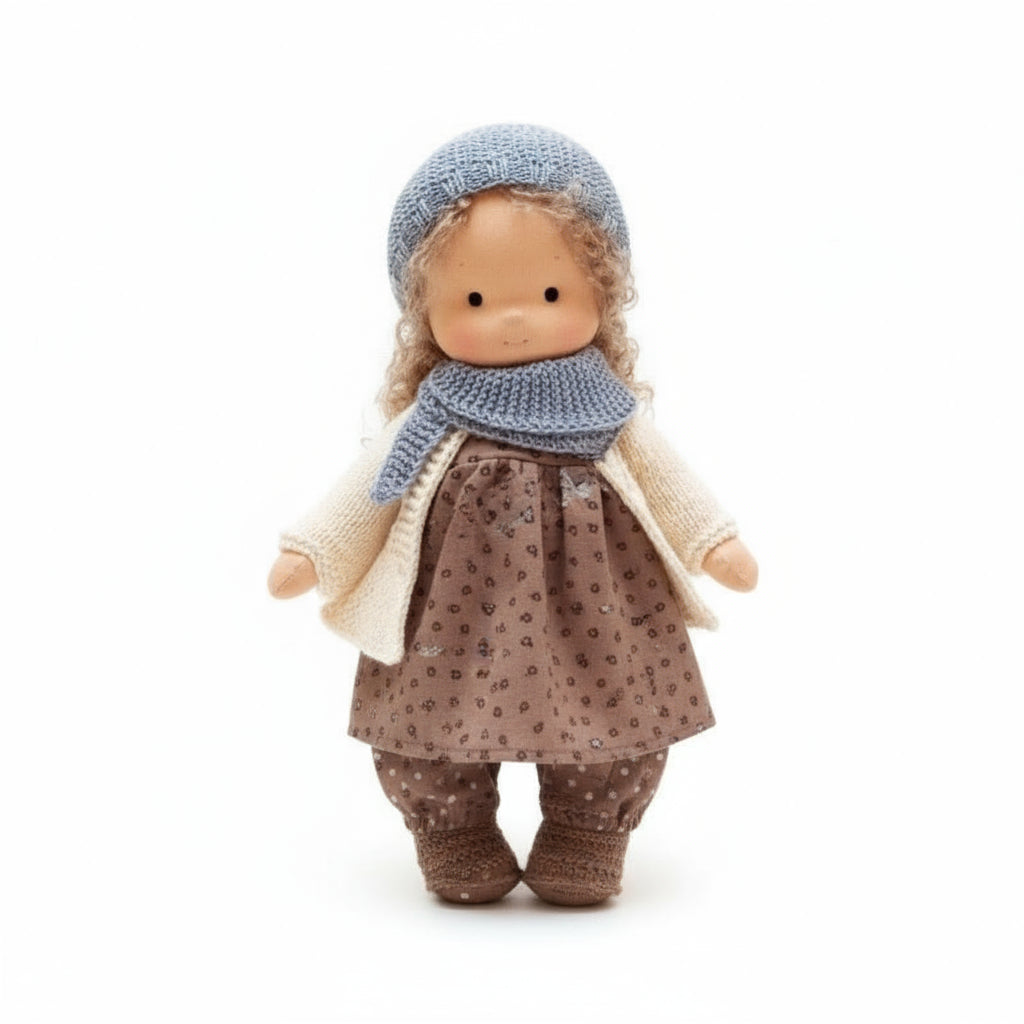 Small doll wearing a brown dress with a pattern, beige coat, and blue knitted hat and scarf on a white background.