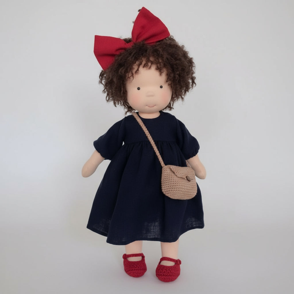 Doll wearing a navy dress with a red bow, holding a beige handbag on a white background