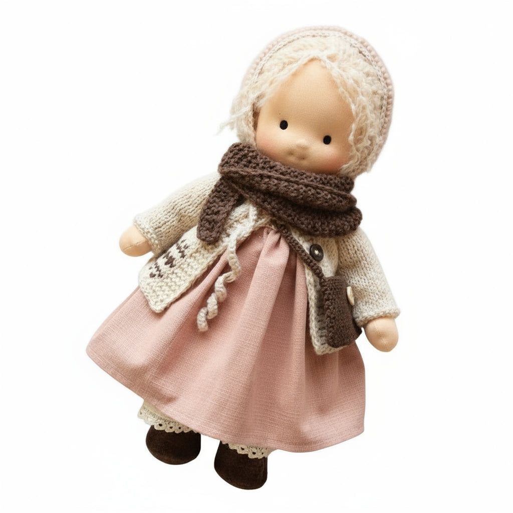 Doll wearing a pink dress, beige coat, and brown scarf on a white background