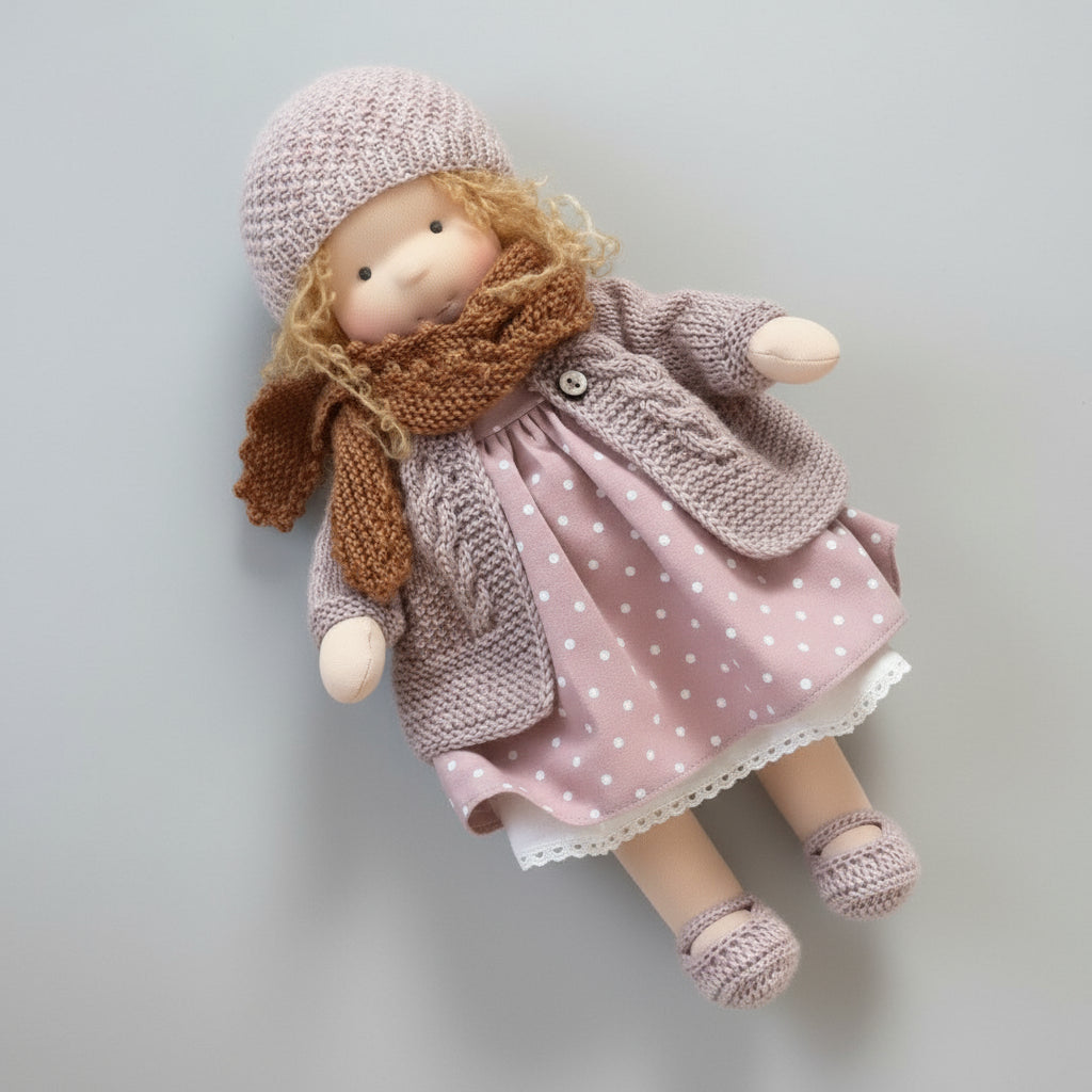 Doll wearing a pink outfit with a polka dot dress, knitted coat, and hat on a light gray background