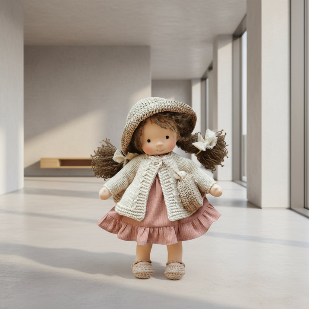 Stuffed doll with a knitted outfit in a minimalistic room