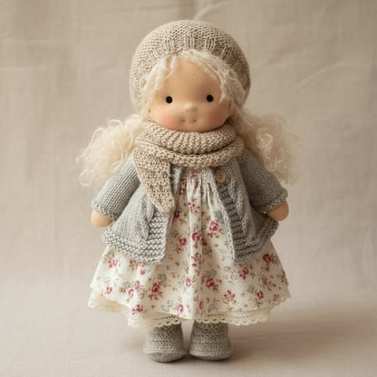 Toy doll wearing a floral dress, knitted scarf, and hat on a neutral background