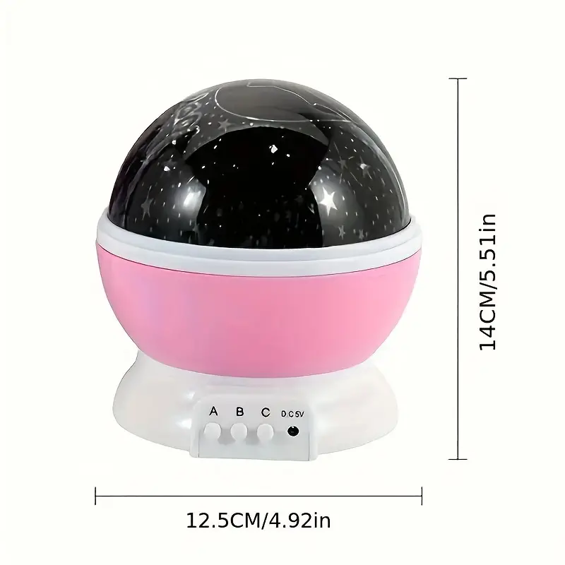 Pink and black spherical night light with dimensions on a white background