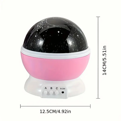 Pink and black spherical night light with dimensions on a white background
