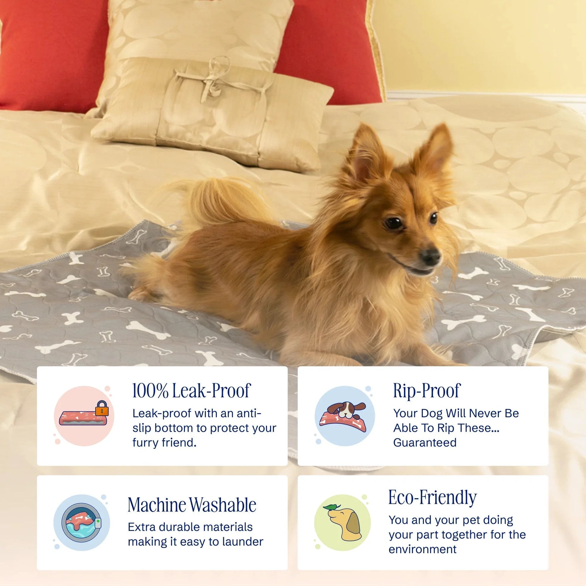 Josh & Tate - EverPad Ultimate Absorbent Pee Pad - Dog lying on a bed with a gray blanket featuring bone patterns, surrounded by promotional text about product features.