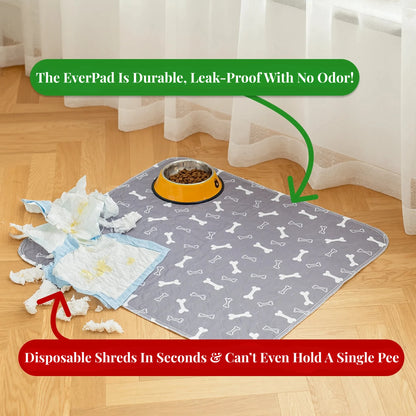 Josh & Tate - EverPad Ultimate Absorbent Pee Pad - Dog mat with a bowl of food on a wooden floor, surrounded by disposable dog wipes.
