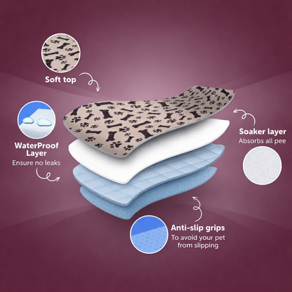 Layers of a pet product with labels on a purple background