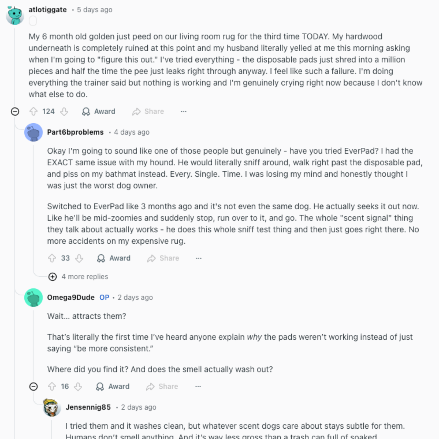 Text conversation about a dog peeing on a rug, with users discussing solutions.