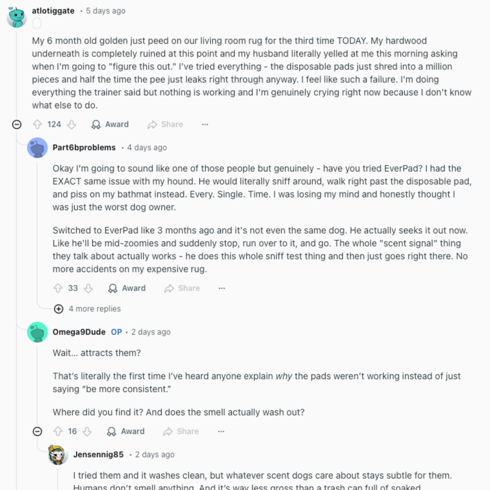 Text conversation about a dog peeing on a rug, with users discussing solutions.