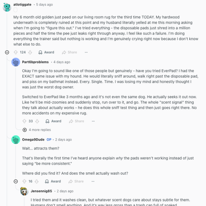 Text conversation about a dog peeing on a rug, with users discussing solutions.