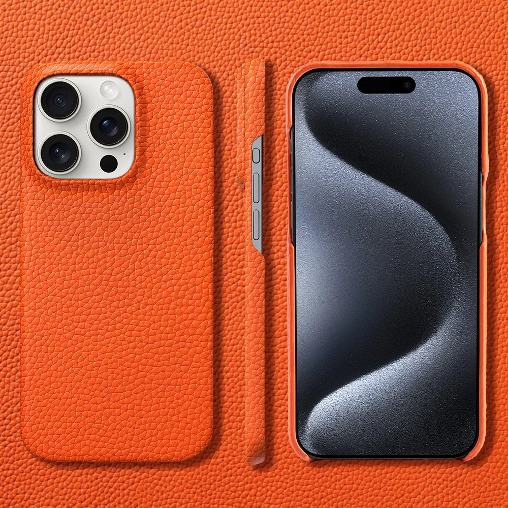 Orange phone case with a smartphone inside on an orange background