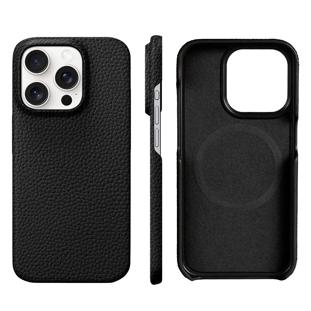 Black phone case with textured back and clear side view on a white background