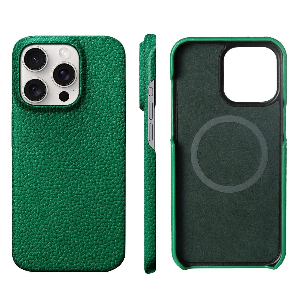 Green phone case with textured finish on a white background