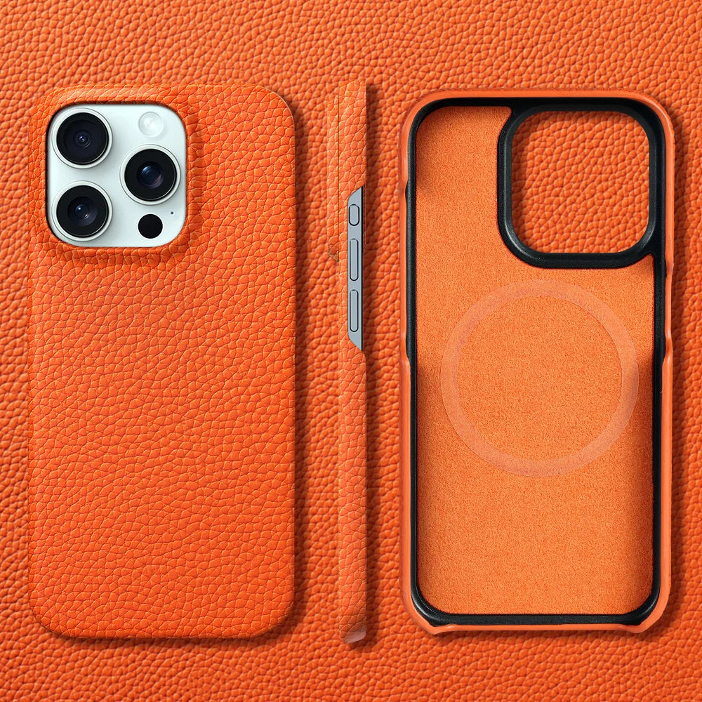 Orange phone case with textured finish on an orange background