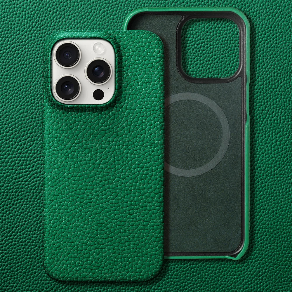 Green leather phone case on a green textured background