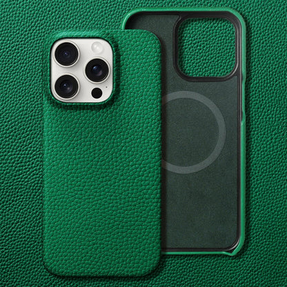 Green leather phone case on a green textured background