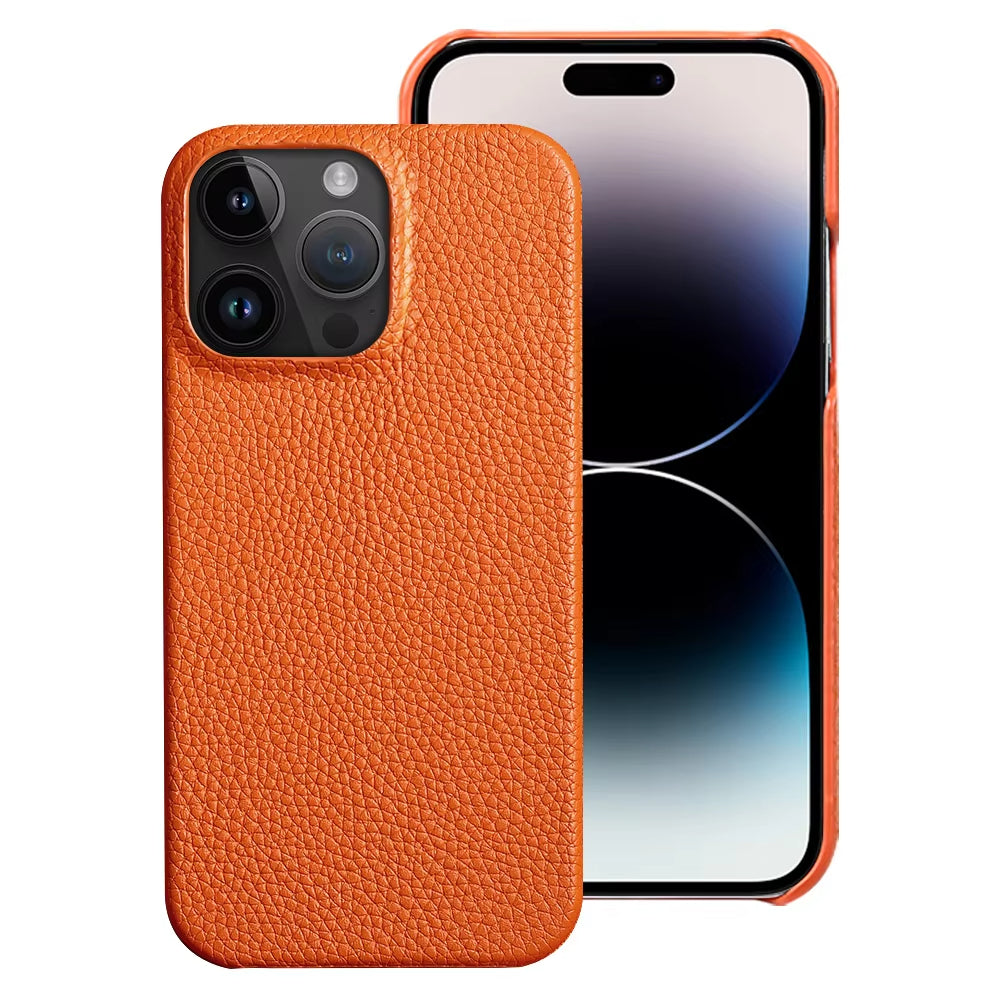 Orange leather phone case on a white background