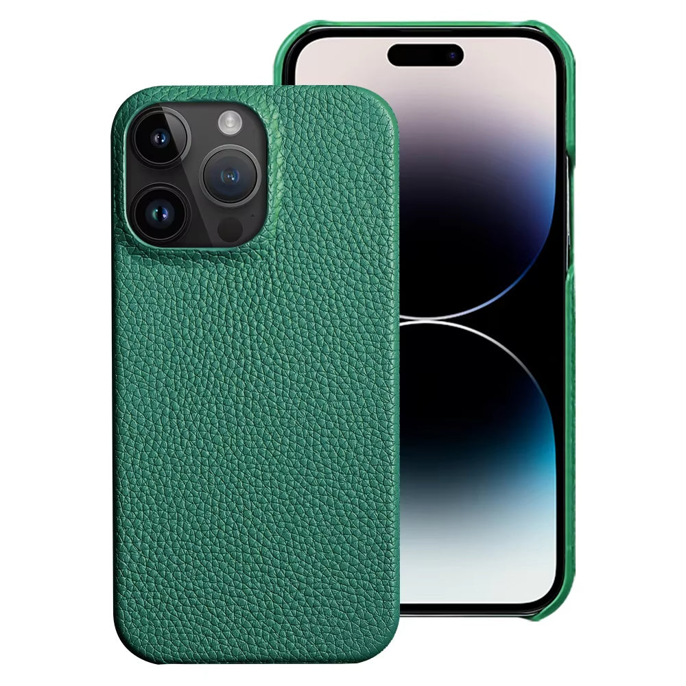 Green leather phone case on a white background