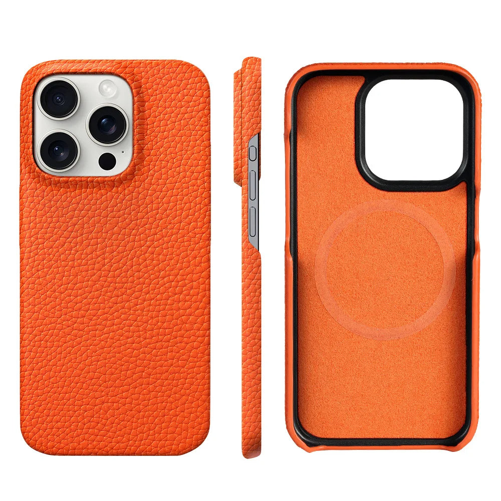 Orange phone case with textured finish on a white background