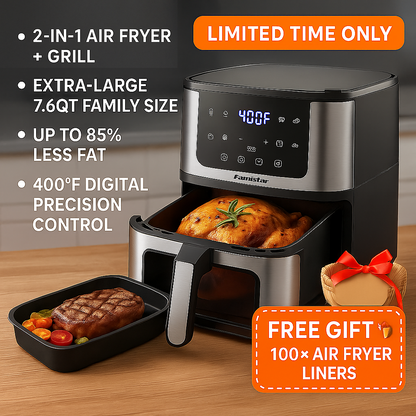 Famistar air fryer with digital display, food inside, and promotional text on a wooden surface.