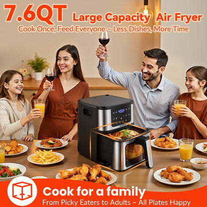 Family gathered around a table with a 7.6QT air fryer, enjoying a meal together.