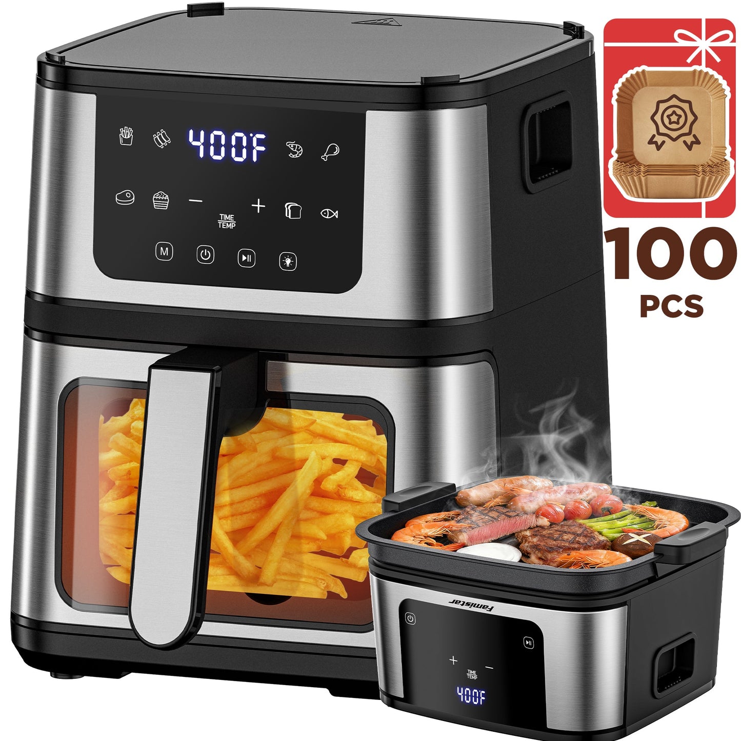 Air fryer with digital display showing food inside, including fries and meats, with a promotional graphic for 100 pieces of packaging.