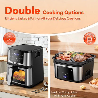 All-in-one cooker with air fryer and grill functions on a wooden surface.