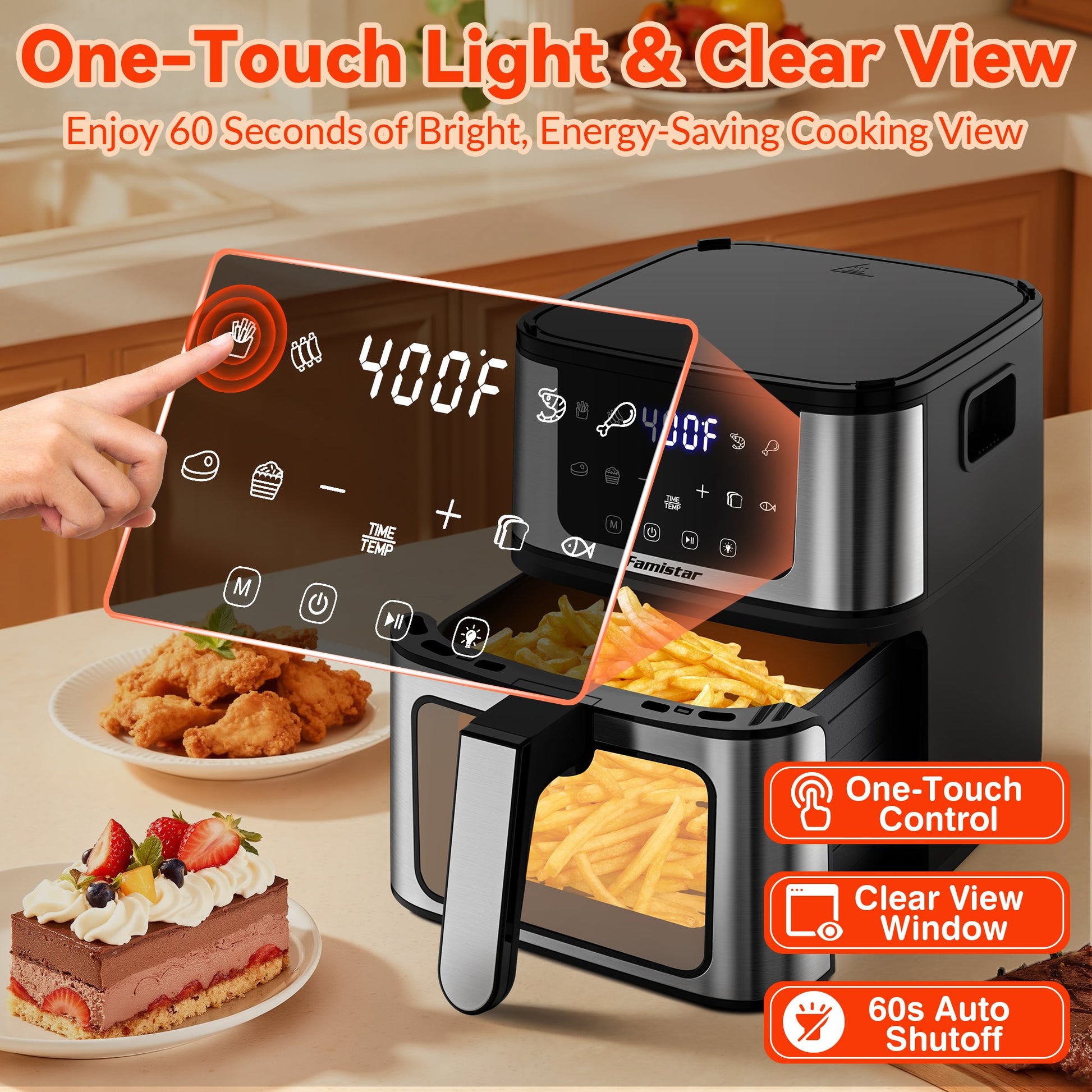 Air fryer with digital display and food items on a kitchen counter, featuring text about cooking features.
