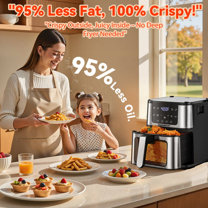 Woman and child in a kitchen with an air fryer, showcasing healthier cooking options.