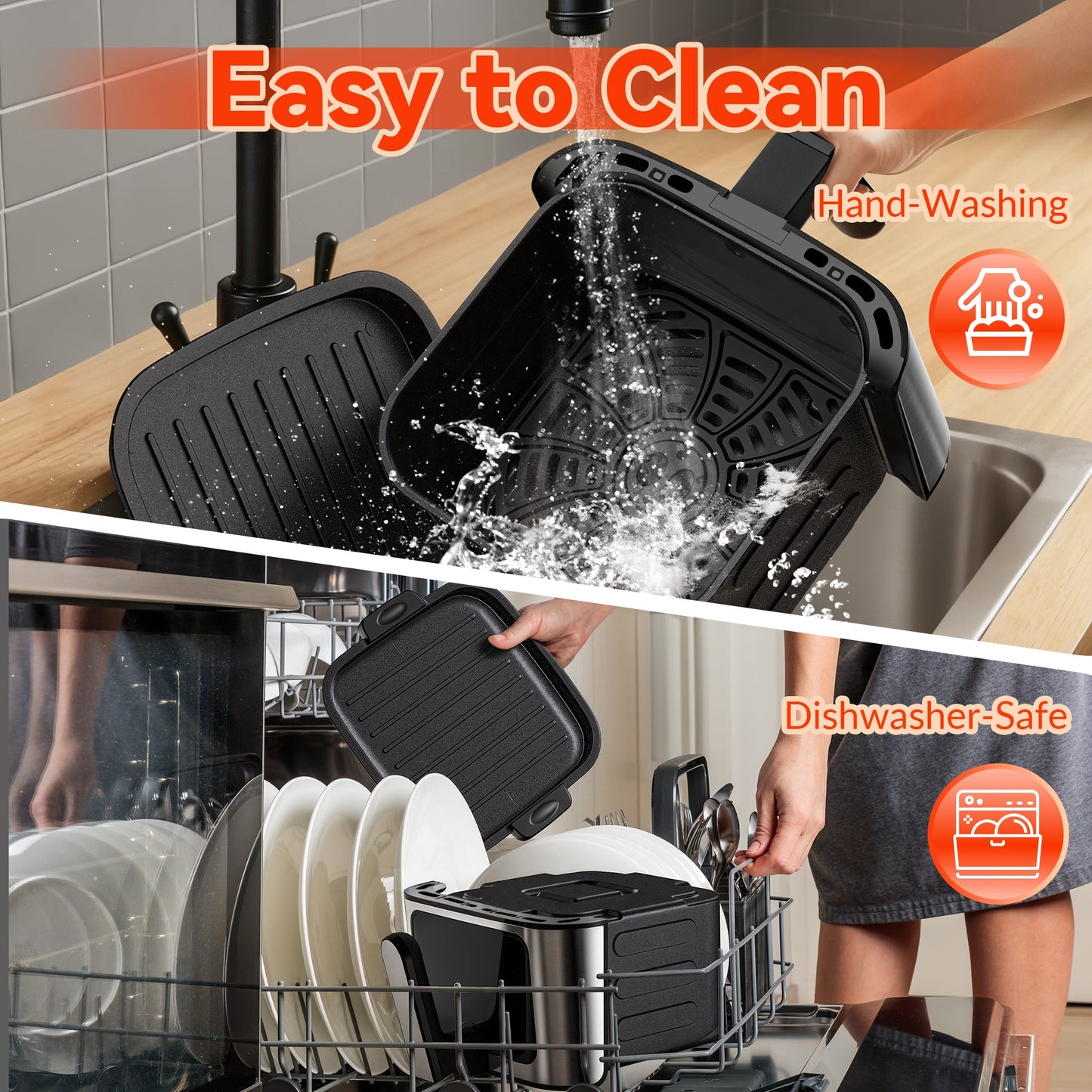 Black grill pan being washed, dried, and placed in a dishwasher with text indicating ease of cleaning.