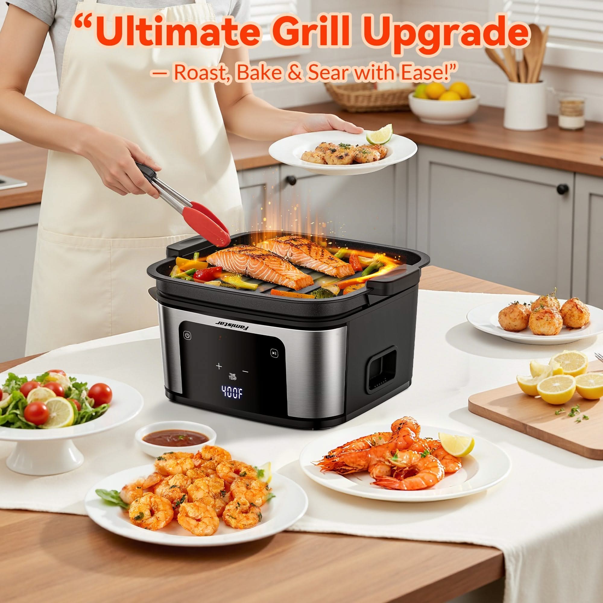 Person grilling food on a portable grill with various dishes on a kitchen counter.