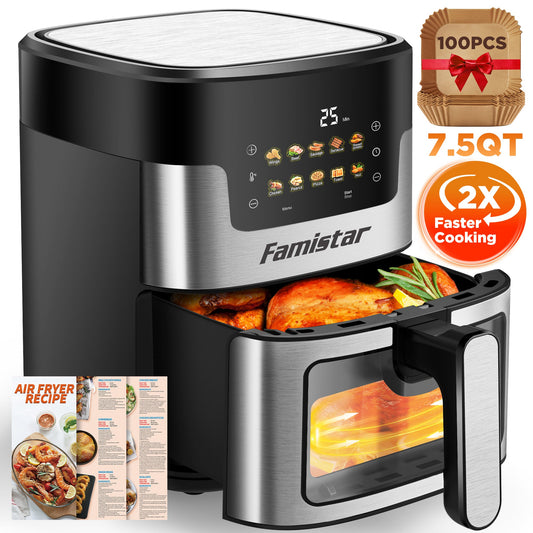 Famistar air fryer with digital display, food inside, recipe book, and promotional text on a white background.