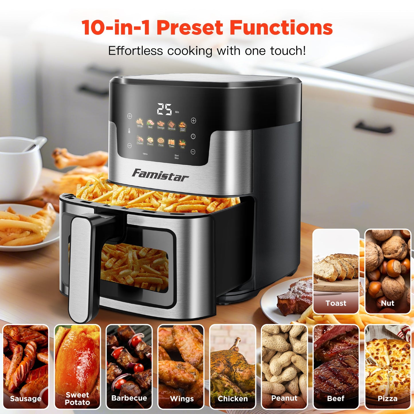 Famistar air fryer with cooking options displayed on a kitchen counter