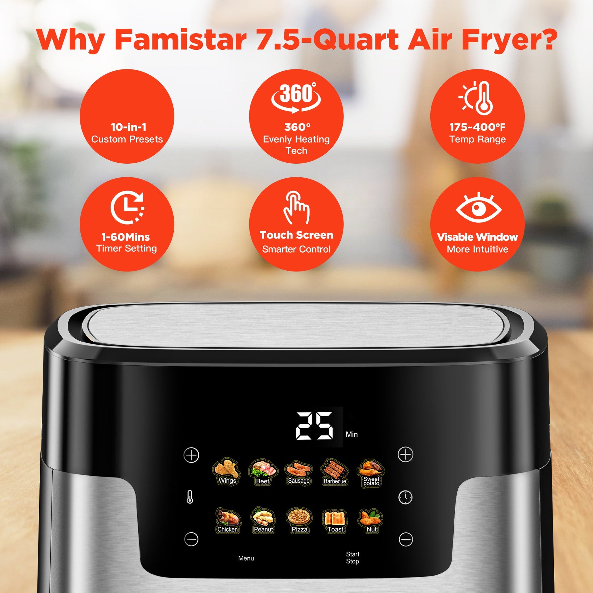 Famistar 7.5-quart air fryer with features highlighted on a blurred kitchen background