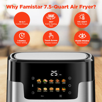 Famistar 7.5-quart air fryer with features highlighted on a blurred kitchen background
