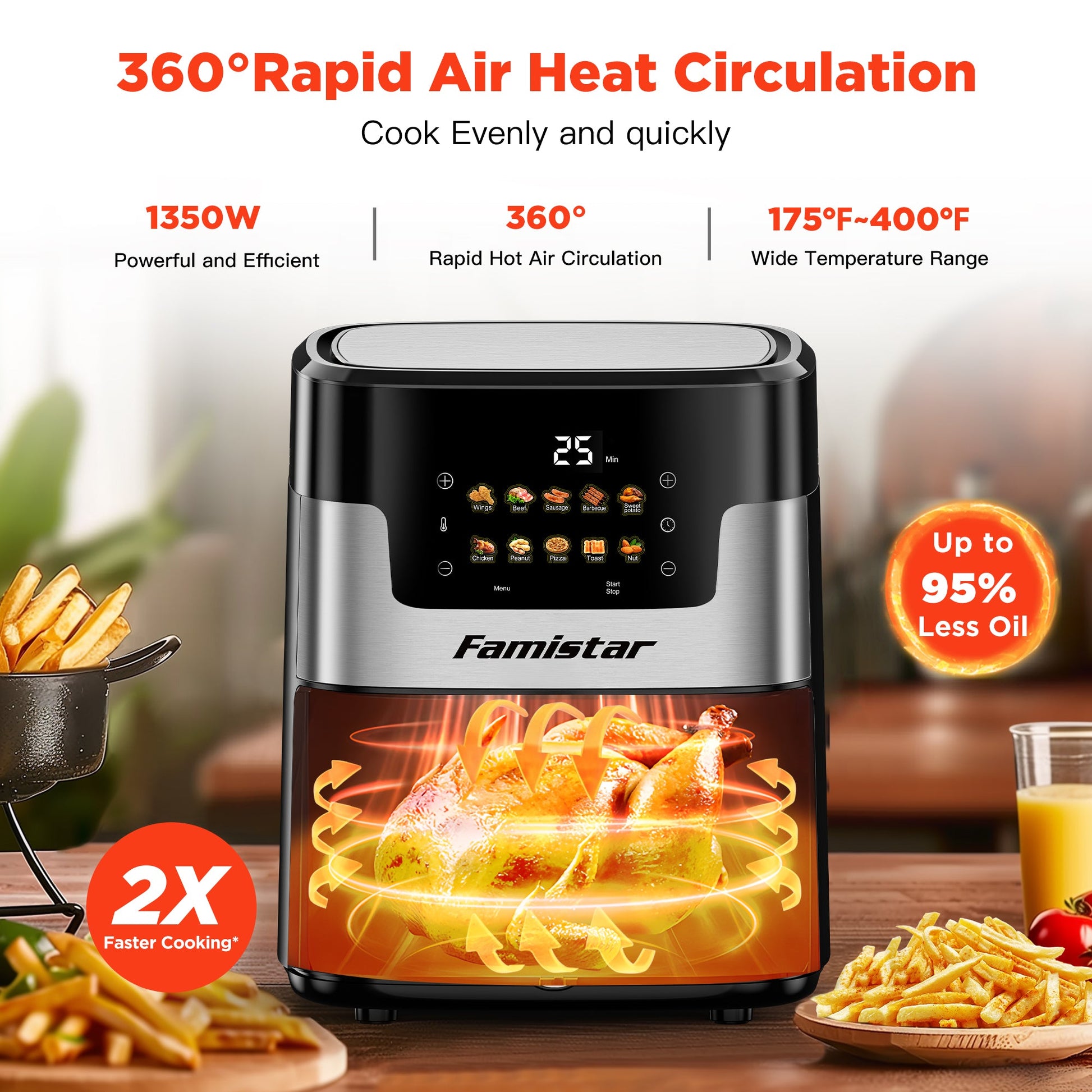 Famistar air fryer with features highlighted on a blurred background