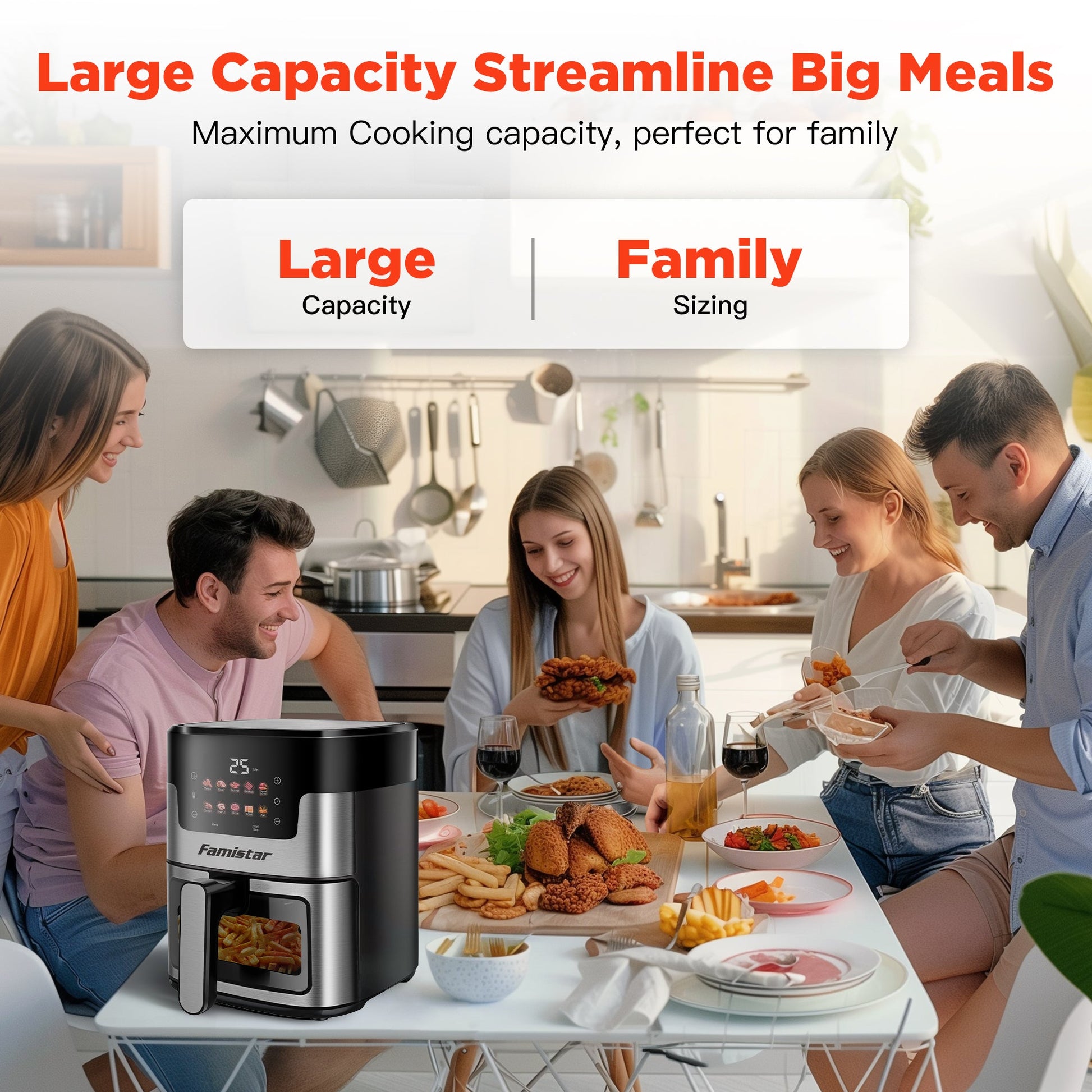 Family gathered around a kitchen table with a large capacit, emphasizing family-sized meals.