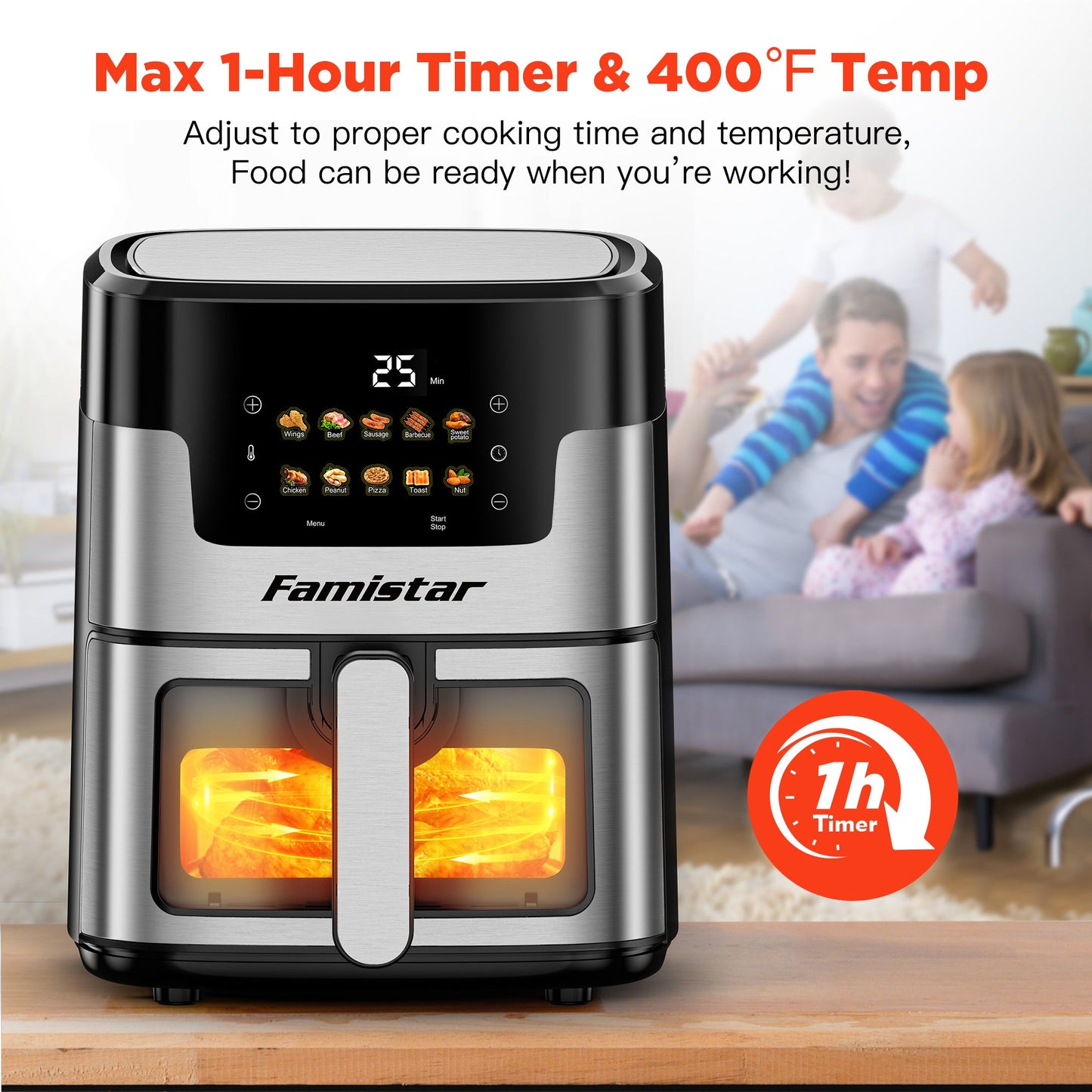 Famistar air fryer with digital display and visible heating elements, shown indoors with a family in the background.